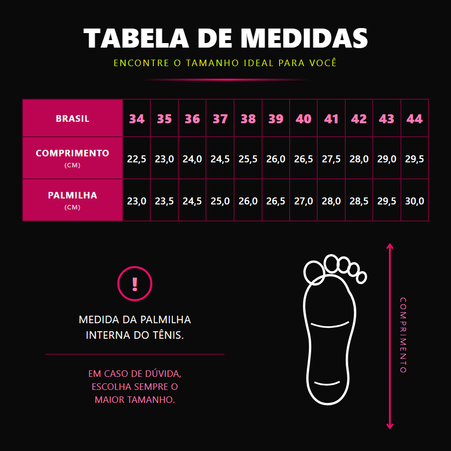 Tabela de medidas: numeração com comprimento do pé em centímetros